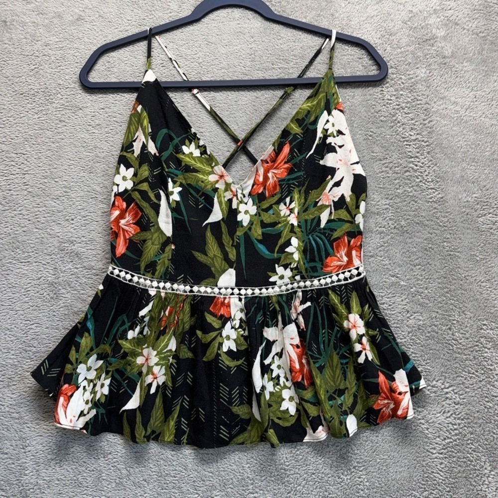 Miss‎ Me Top Womens Medium Cami Black Spaghetti Strap Adjustable Floral Beachy